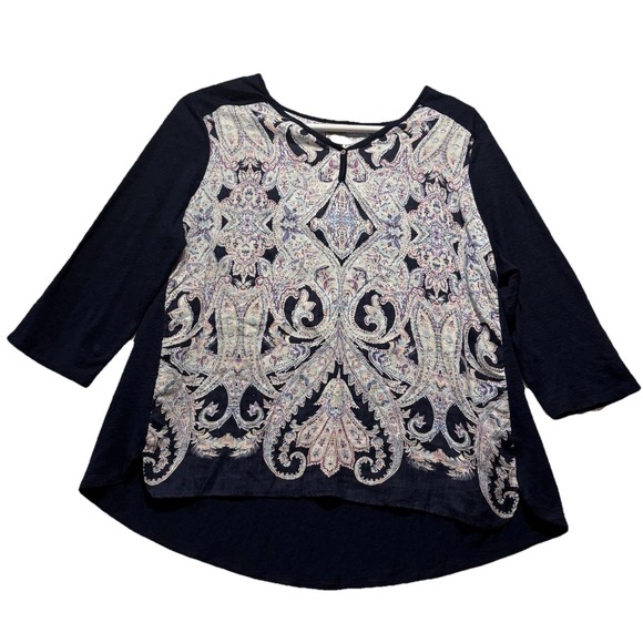 Chico's Tops - Chico's Paisley Knit Linen Hi-Low Top Tunic Dark Blue 3/4 Sleeve Women's Size 3P